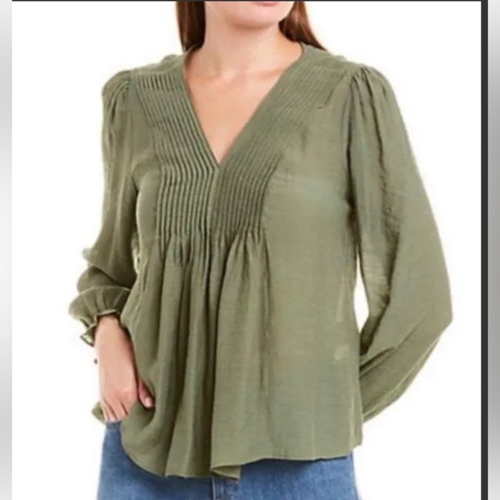 *Nannette Lepore Olive Green Pleated Front Long Sleeve Medium Blouse #IR